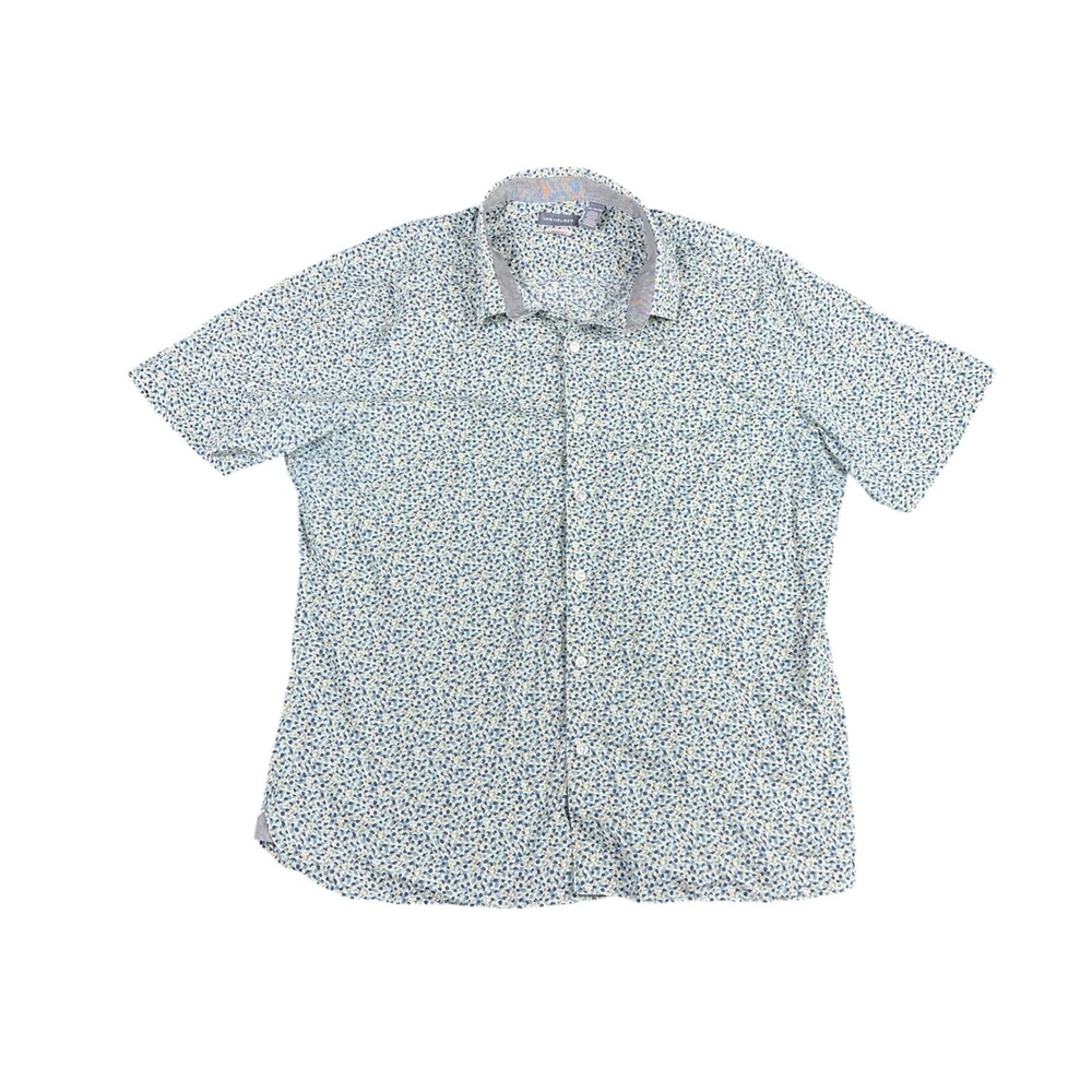 Van Heusen Stain Shield Mens XL Slim Fit Short Sleeve Button Down Blue Print